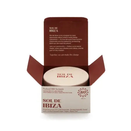 BB Cream SPF50 vegana de Sol de Ibiza en envase compostable y reciclable con protección solar facial diaria