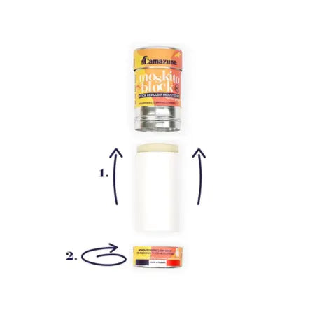 Sistema recargable de la barra repelente de mosquitos Moskito Block mostrando el recambio sólido y el envase reutilizable