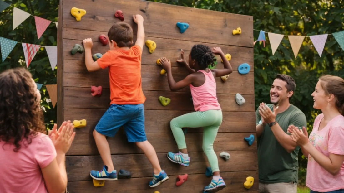 Niños disfrutando de actividades sostenibles en un rocódromo durante una fiesta de cumpleaños ecológica infantil