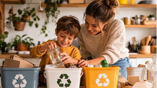 madre e hijo reciclando juntos en casa aprendiendo sostenibilidad