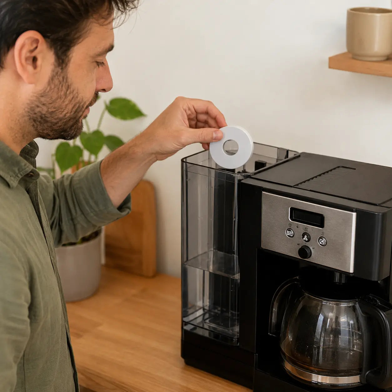 Hombre colocando un anillo antical magnético en el depósito de agua de una cafetera para reducir la acumulación de cal y alargar su vida útil.