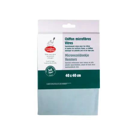 Paño microfibra para cristales reutilizable en su packaging, ideal para limpiar ventanas, espejos y superficies lisas sin marcas.