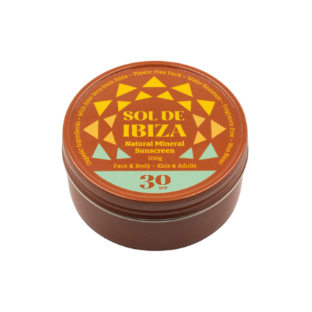 Protector solar mineral SPF30 natural de Sol de Ibiza en envase reutilizable y sin plástico para cara y cuerpo.