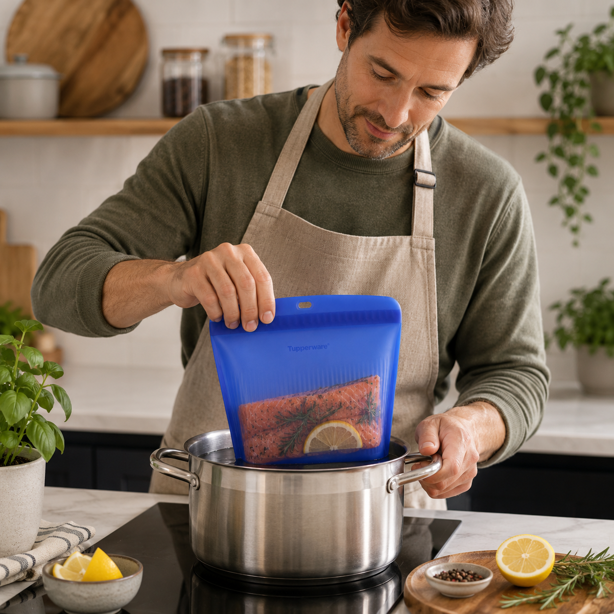 Hombre usando una bolsa de silicona azul Tupperware Ultimate al baño maría con salmón