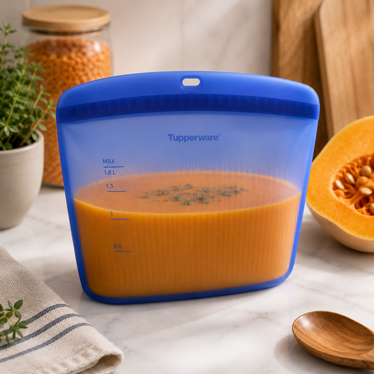 Bolsa de silicona azul Tupperware Ultimate con sopa y línea de llenado máximo para líquidos