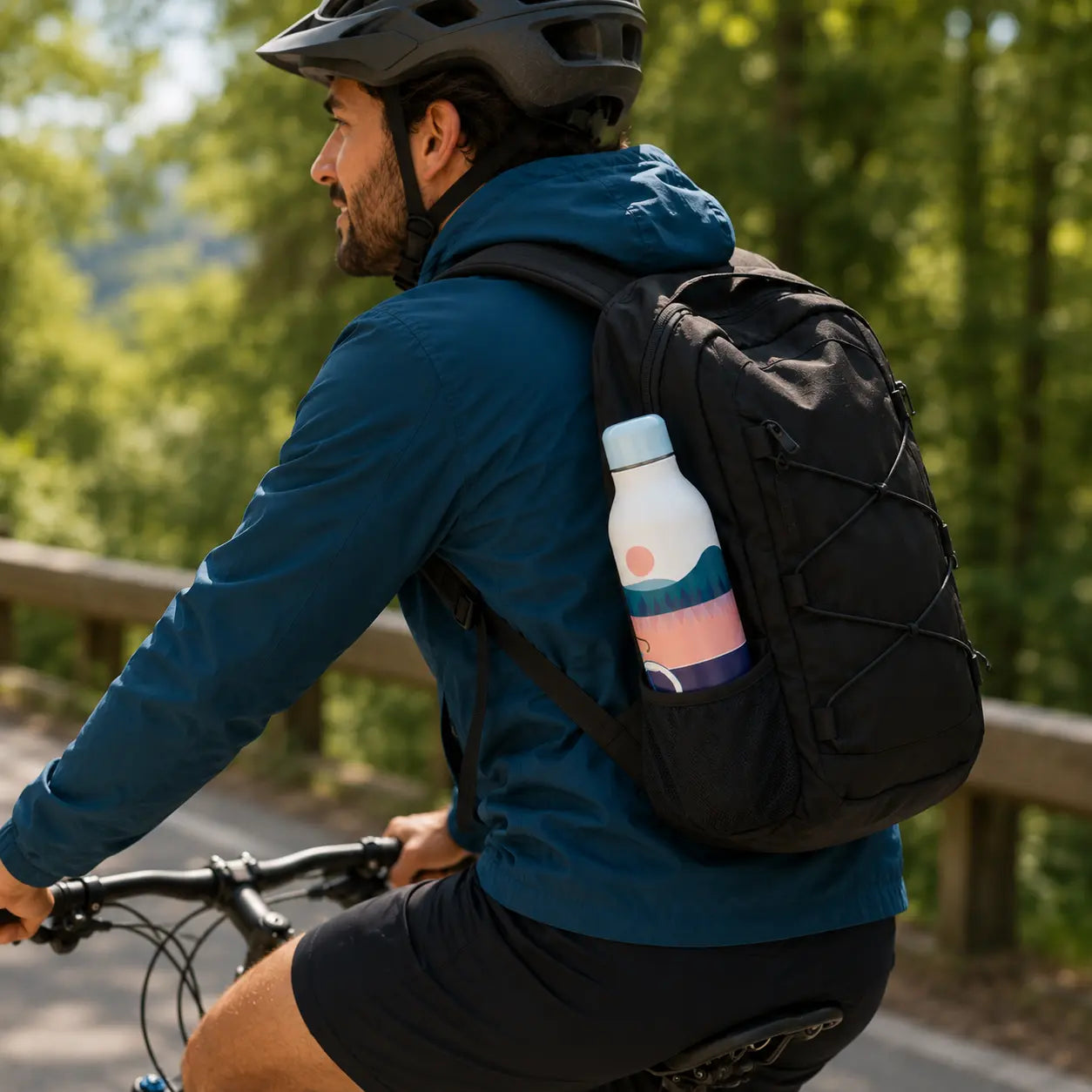 Hombre montando en bicicleta con una botella térmica reutilizable IBILI Norabidea guardada en la mochila
