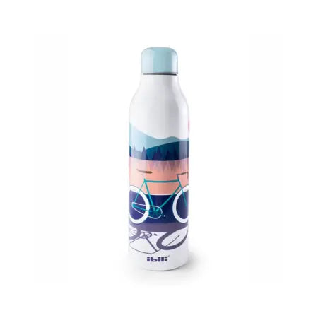 Botella térmica reutilizable IBILI Norabidea de 500 ml fabricada en acero inoxidable con diseño de montaña en tonos azul y rosa