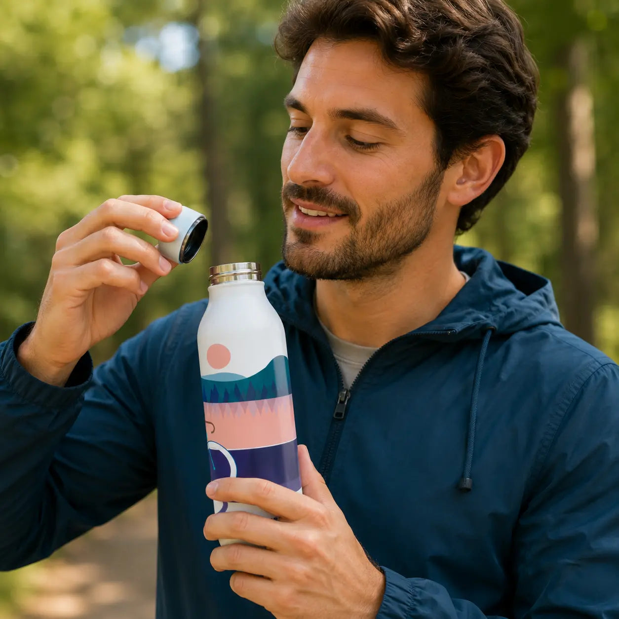 Hombre desenroscando una botella térmica reutilizable IBILI Norabidea de acero inoxidable antes de beber