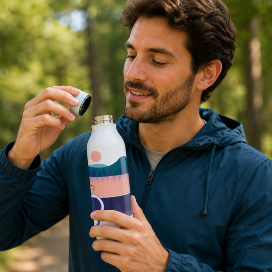 Hombre desenroscando una botella térmica reutilizable IBILI Norabidea de acero inoxidable antes de beber