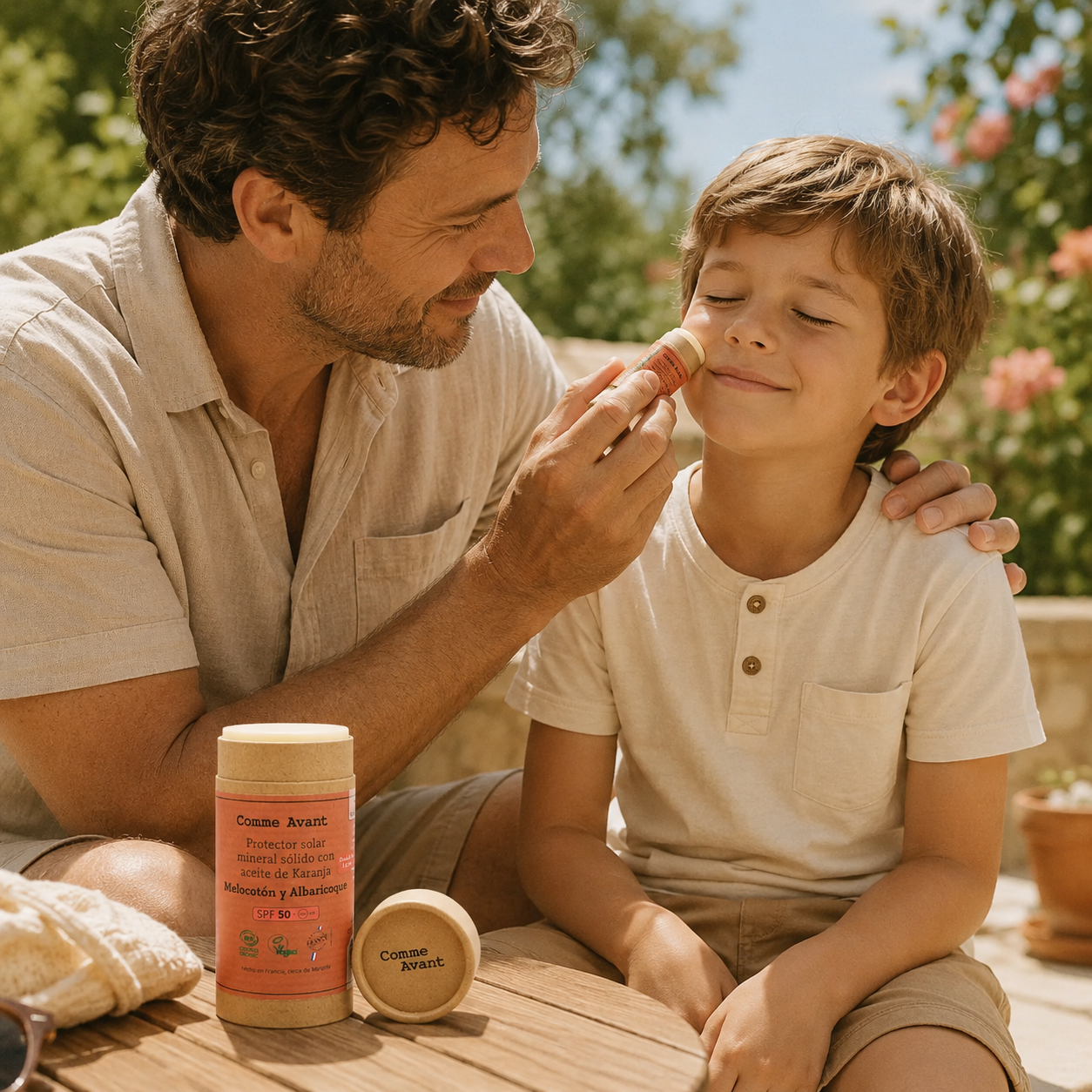 hombre aplicando crema solar a un niño