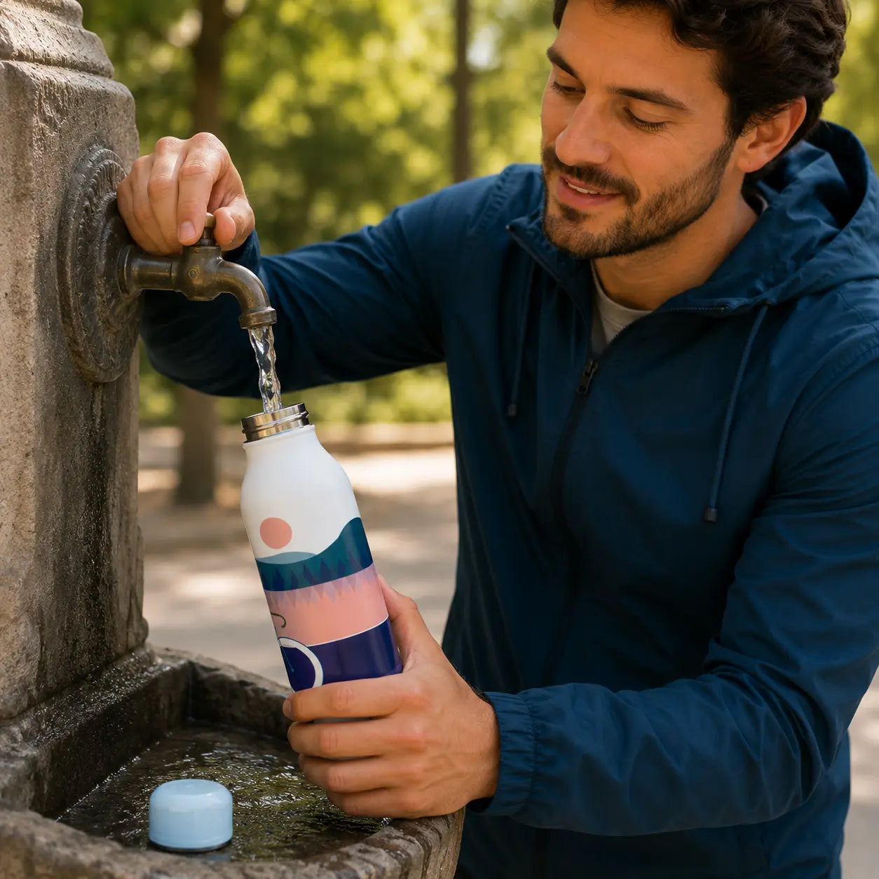 Hombre llenando una botella térmica reutilizable IBILI Norabidea en una fuente de agua potable