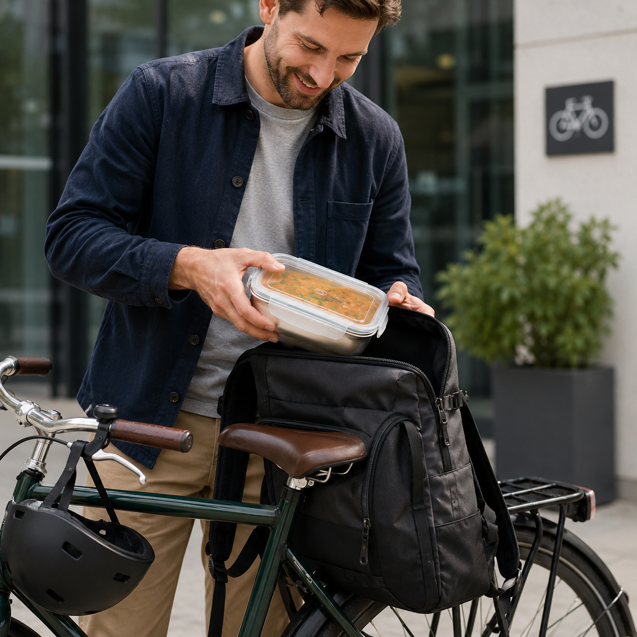 Hombre guardando un táper hermético con sopa en la mochila colocada sobre su bicicleta