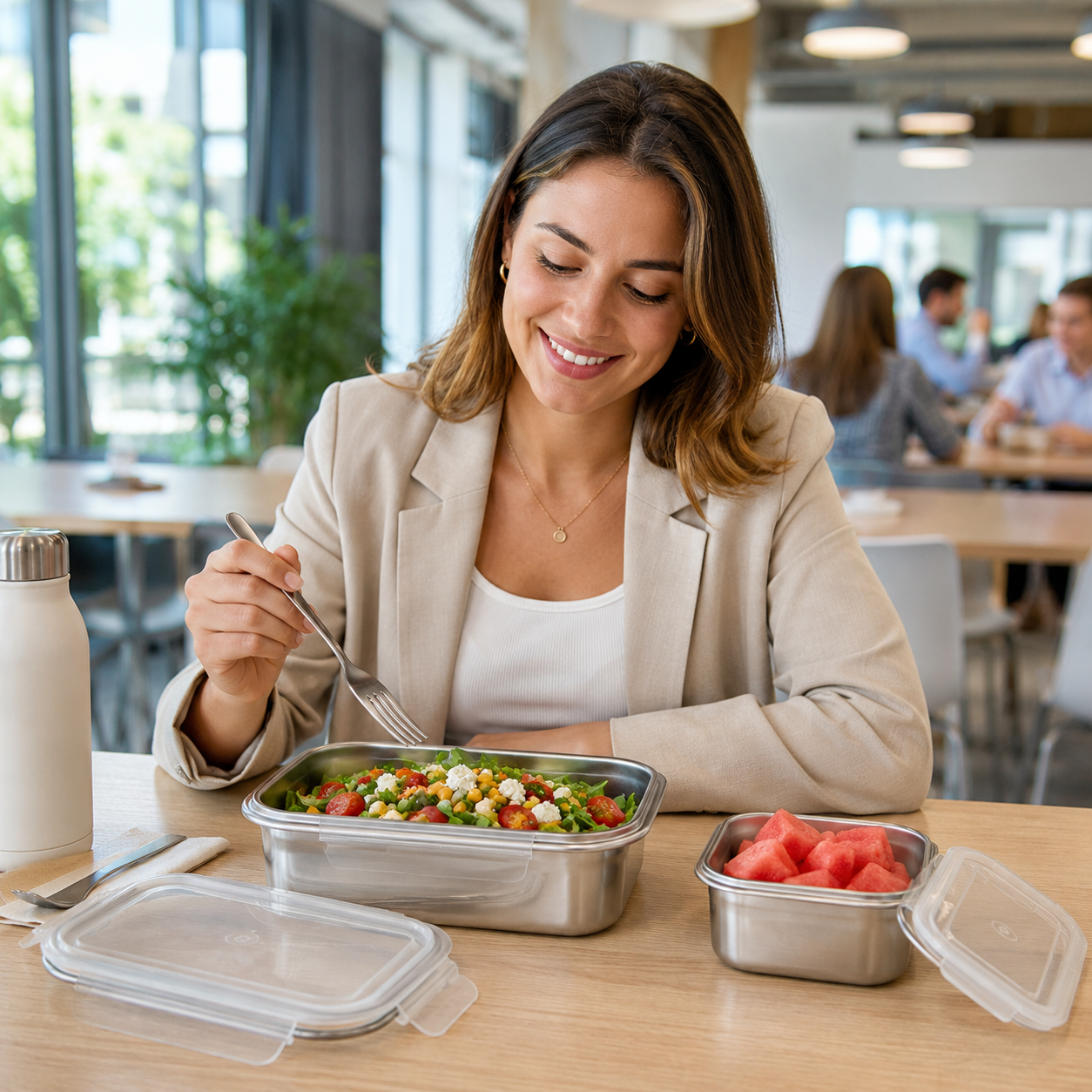 Mujer almorzando en la cafetería de la oficina con ensalada en el táper grande y sandía en el táper pequeño