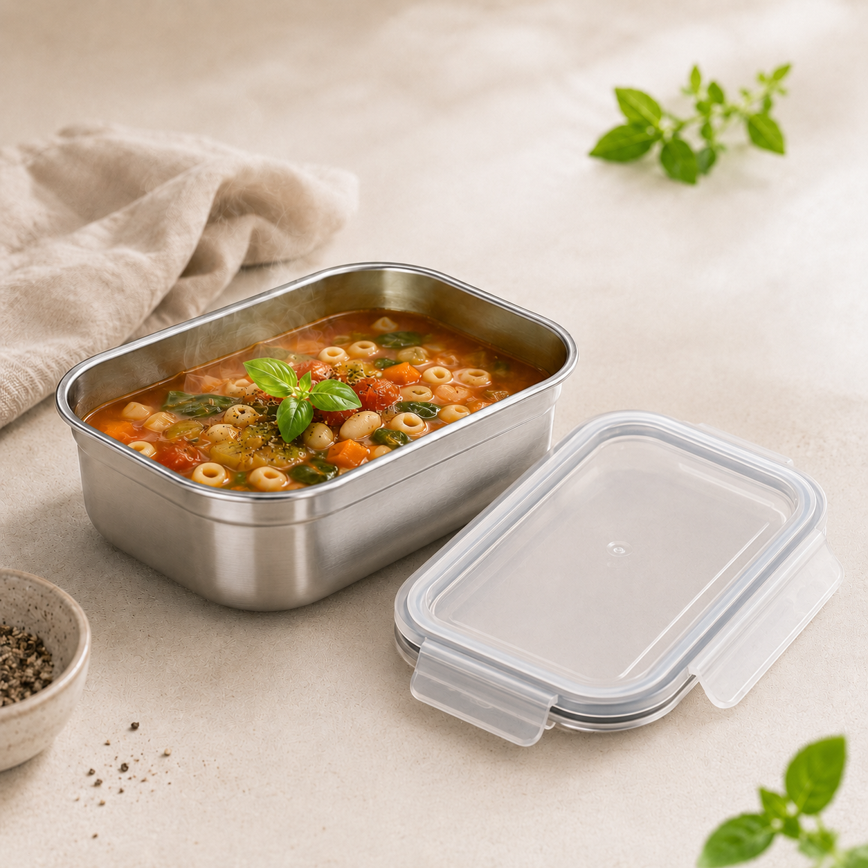 Táper IBILI Keepklin con sopa caliente y tapa hermética transparente correctamente colocada al lado