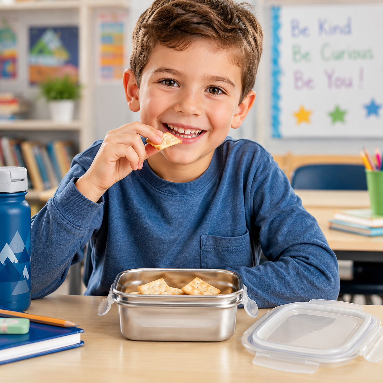 Niño comiendo crackers en el colegio desde un táper pequeño rectangular IBILI Keepklin de acero inoxidable